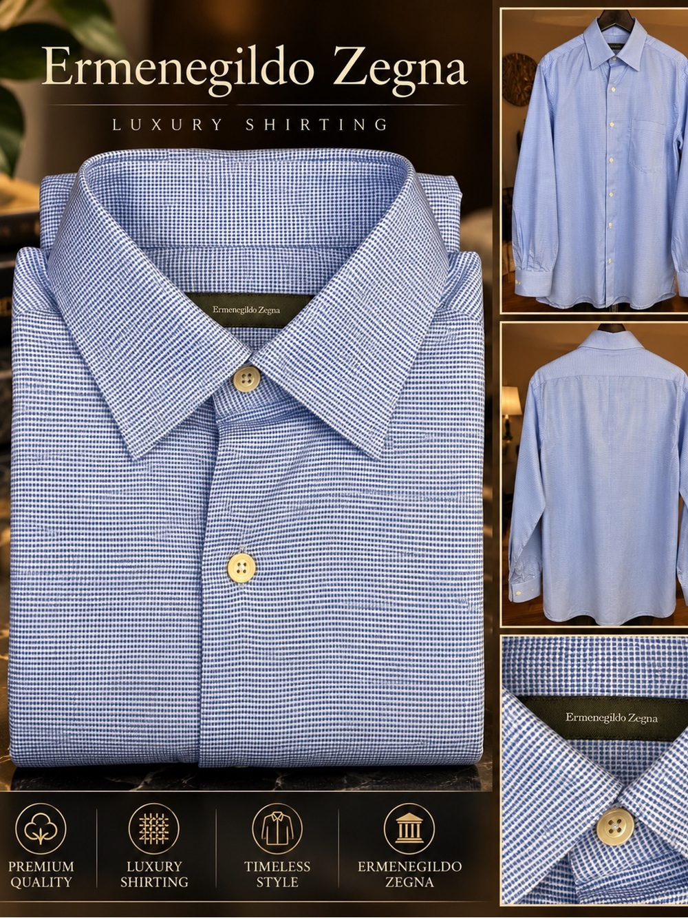 Ermenegildo Zegna Men’s Dress Shirt Large Blue Micro Check Long Sleeve Gingham